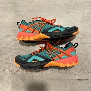 Women’s Merrell MQM shoes. Unworn. 9.5. Teal, orange, and black.